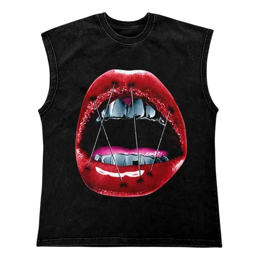 WIRED LIPS TANK TOP [BLACK WASHED]